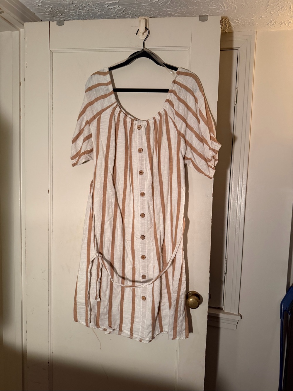 Mlle Gabrielle White and Tan Striped Button-Front Mini Dress